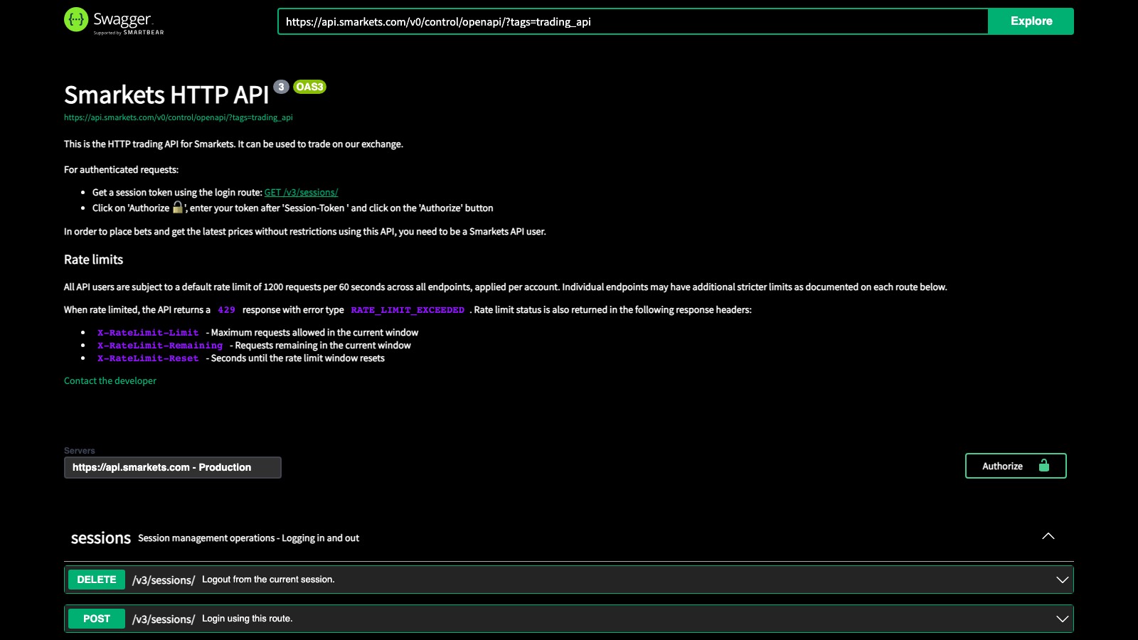 Screenshot of docs.smarkets.com, the primary source for this page, captured 8 OCT 2026
