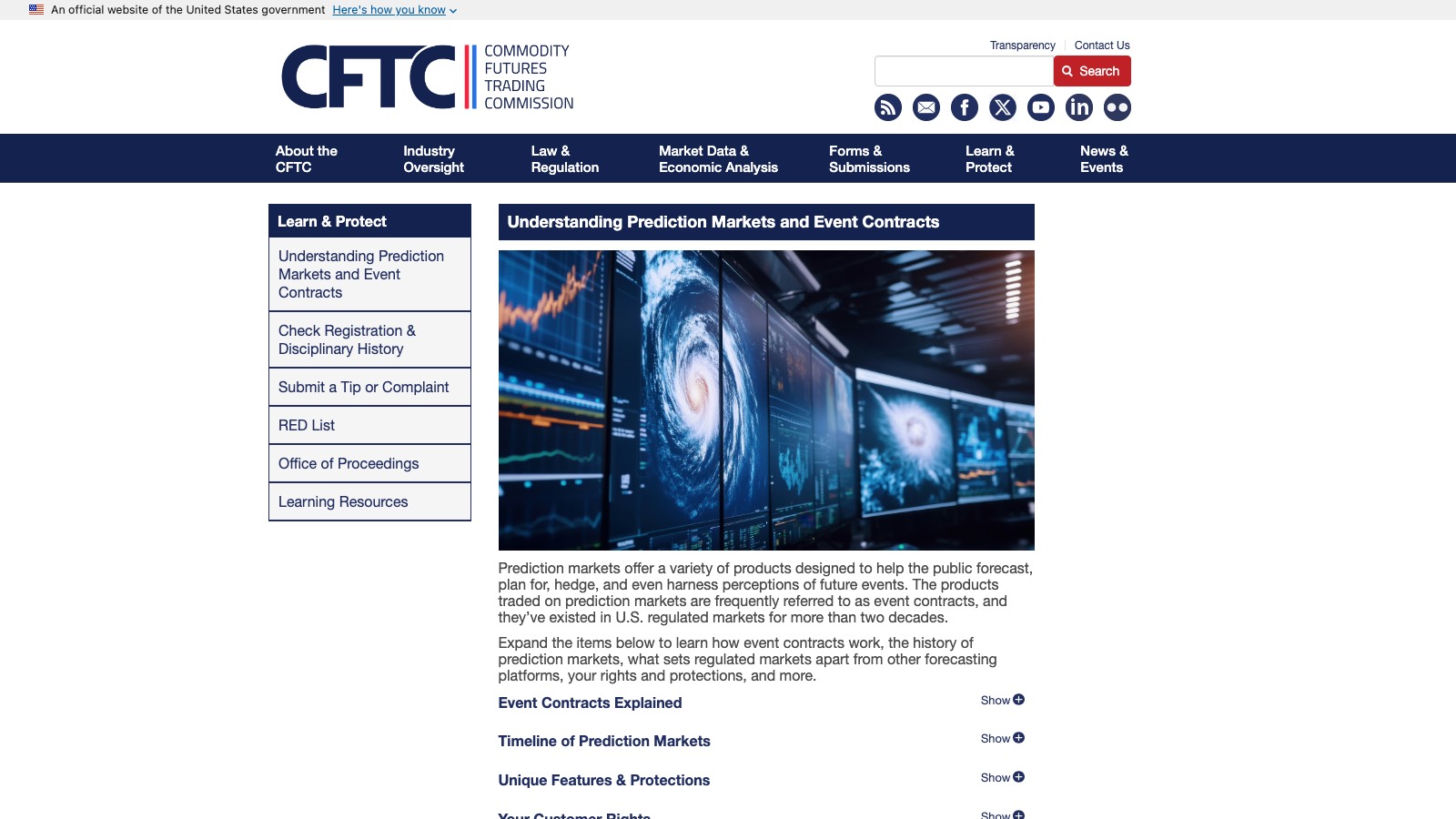 Screenshot of cftc.gov/LearnandProtect/PredictionMarkets, the primary source for this page, captured 8 OCT 2026
