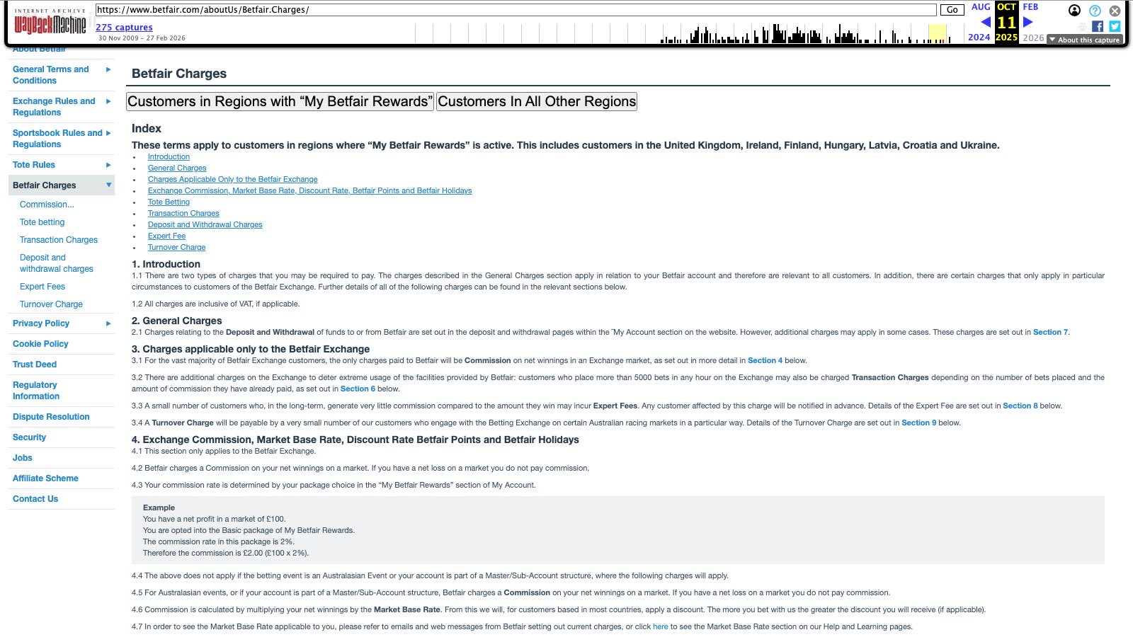 Screenshot of web.archive.org/web/20251011010622/https://www.betfair.com/aboutUs/Betfair.Charges, the primary source for this page, captured 8 OCT 2026