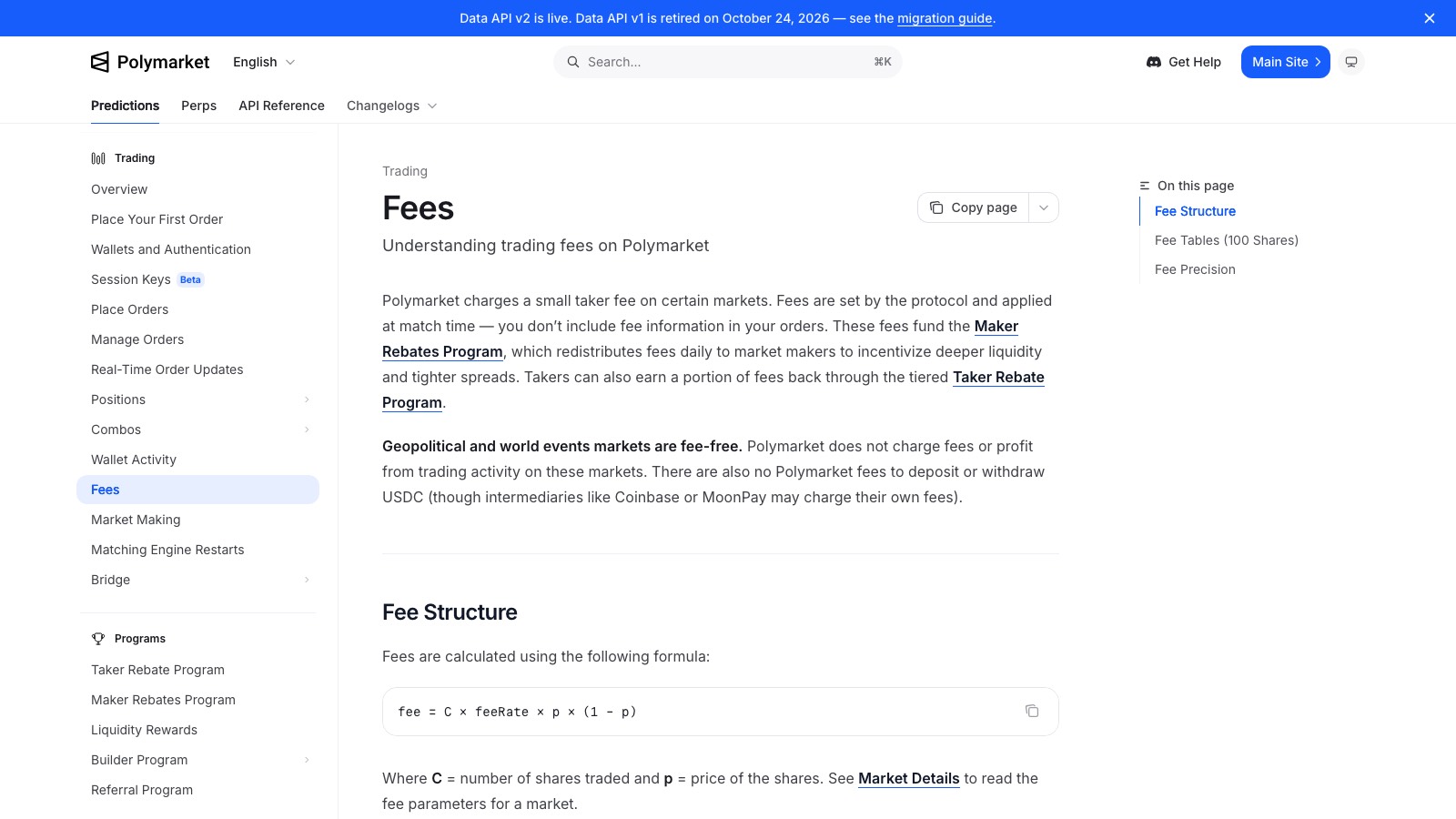 Screenshot of docs.polymarket.com/trading/fees, the primary source for this page, captured 8 OCT 2026