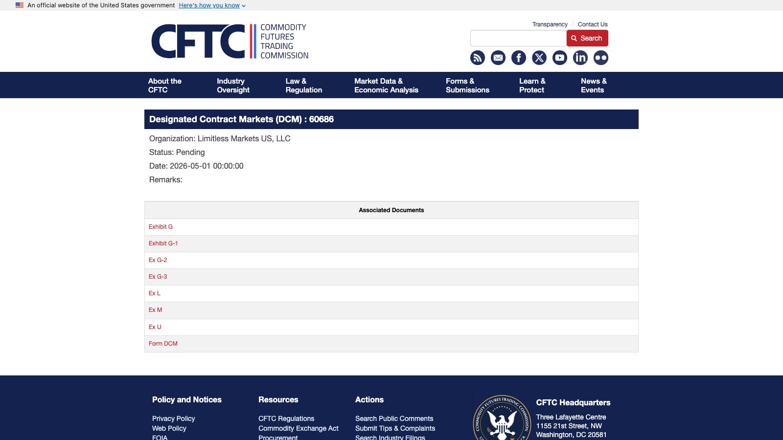 Screenshot of cftc.gov/IndustryOversight/IndustryFilings/TradingOrganizations/60686, the primary source for this page, captured 8 OCT 2026