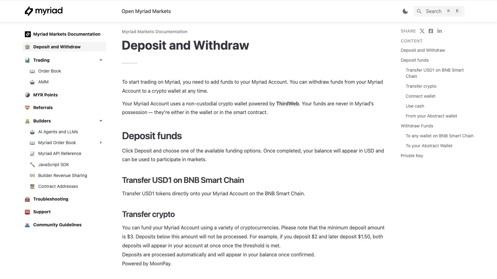 Screenshot of docs.myriad.markets/deposit-and-withdraw, the primary source for this page, captured 8 OCT 2026