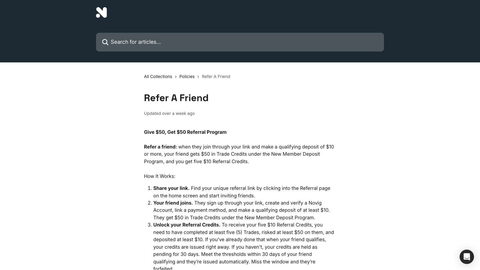 Screenshot of support.novig.com/en/articles/16116481-refer-a-friend, the primary source for this page, captured 8 OCT 2026