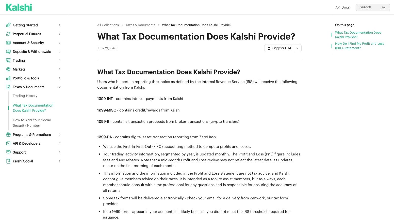 Screenshot of help.kalshi.com/en/articles/13823849-what-tax-documentation-does-kalshi-provide, the primary source for this page, captured 8 OCT 2026