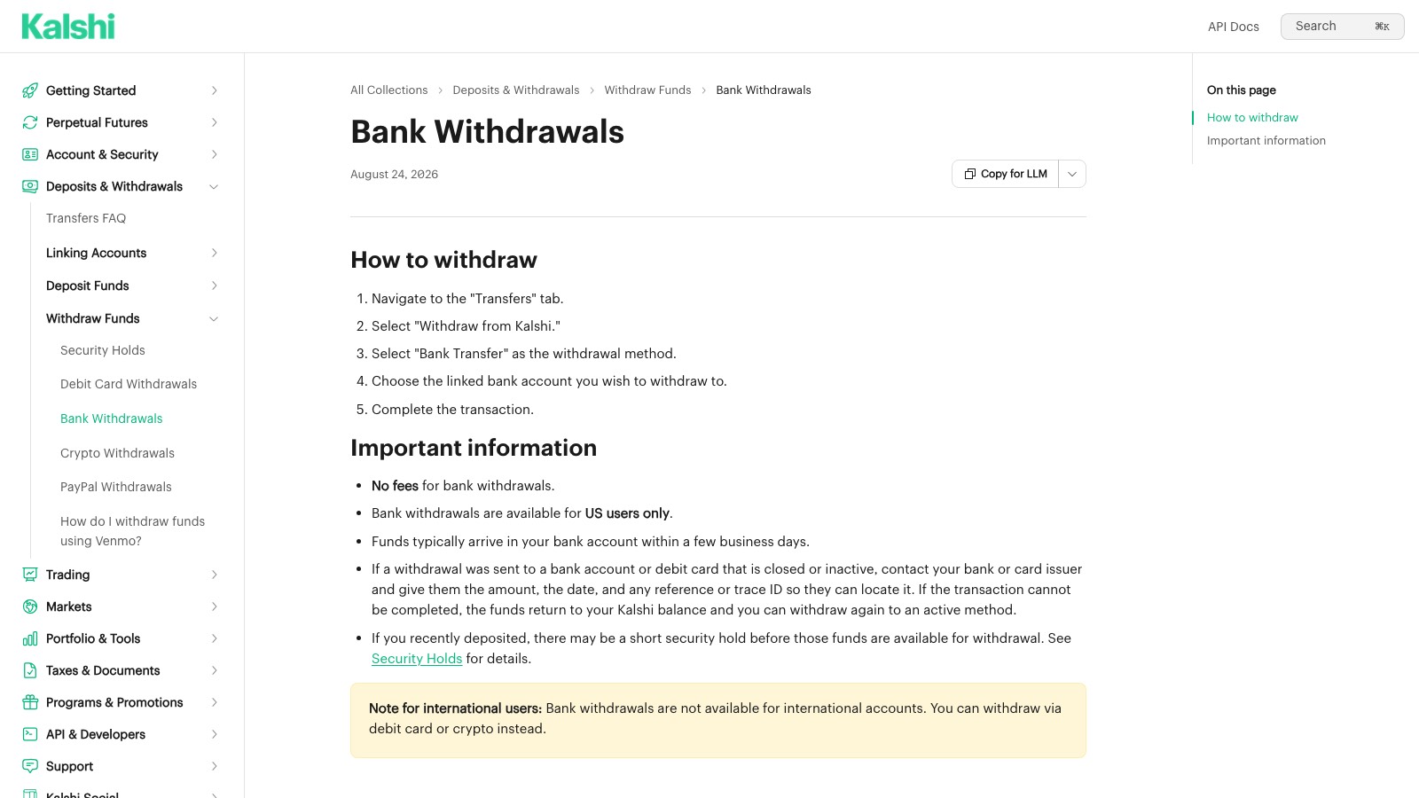 Screenshot of Kalshi's Bank Withdrawals help page, captured 8 OCT 2026