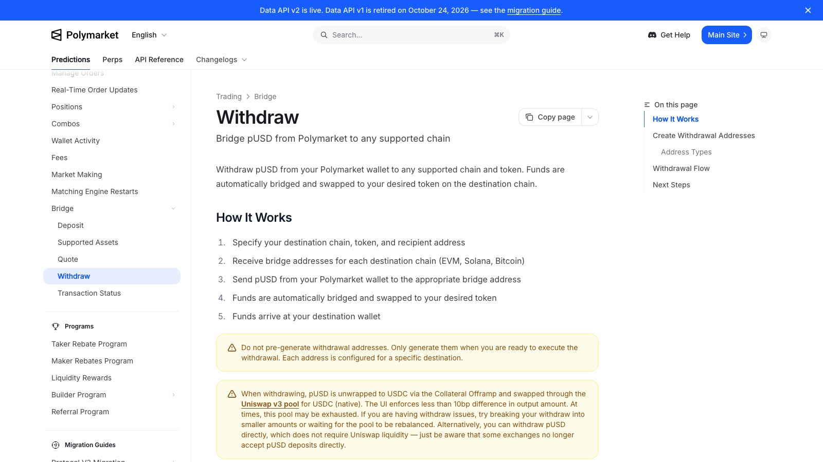 Screenshot of docs.polymarket.com/trading/bridge/withdraw, the primary source for this page, captured 8 OCT 2026